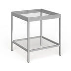 Table d'appoint carrée moderne en verre avec structure métallique et étagère inférieure, en laiton / bronze noirci / nickel
