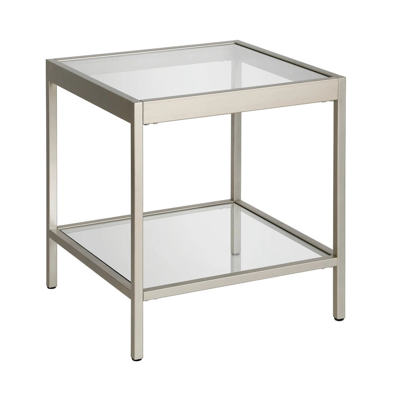 Table d'appoint carrée moderne en verre avec structure métallique et étagère inférieure, en laiton / bronze noirci / nickel