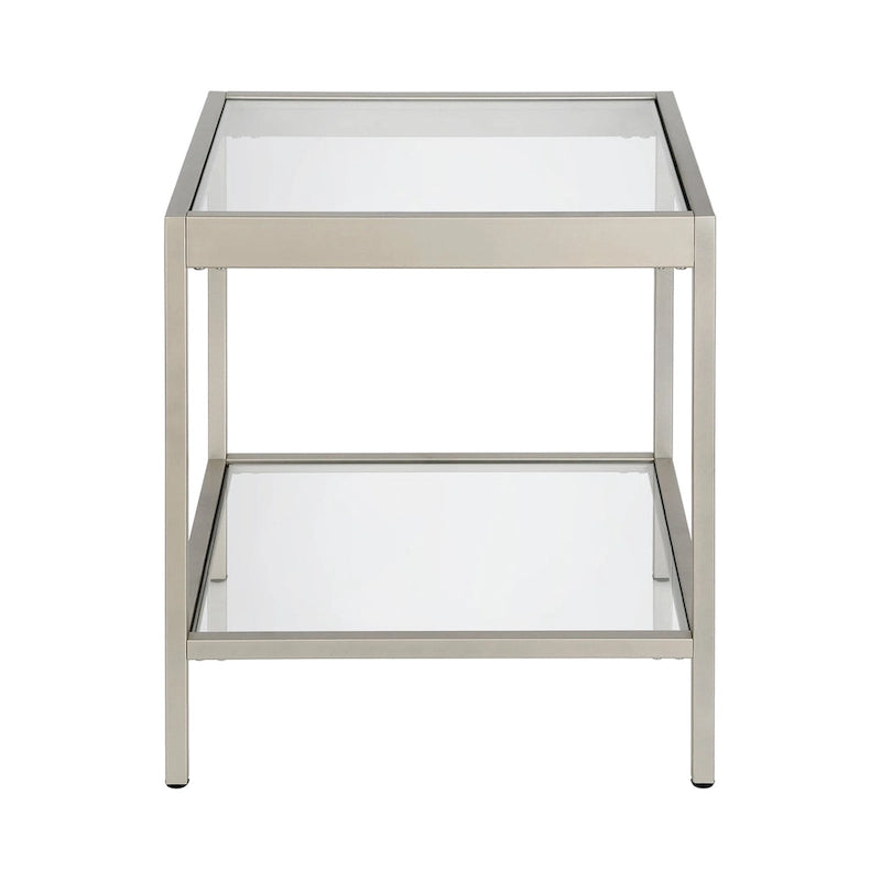 Table d'appoint carrée moderne en verre avec structure métallique et étagère inférieure, en laiton / bronze noirci / nickel