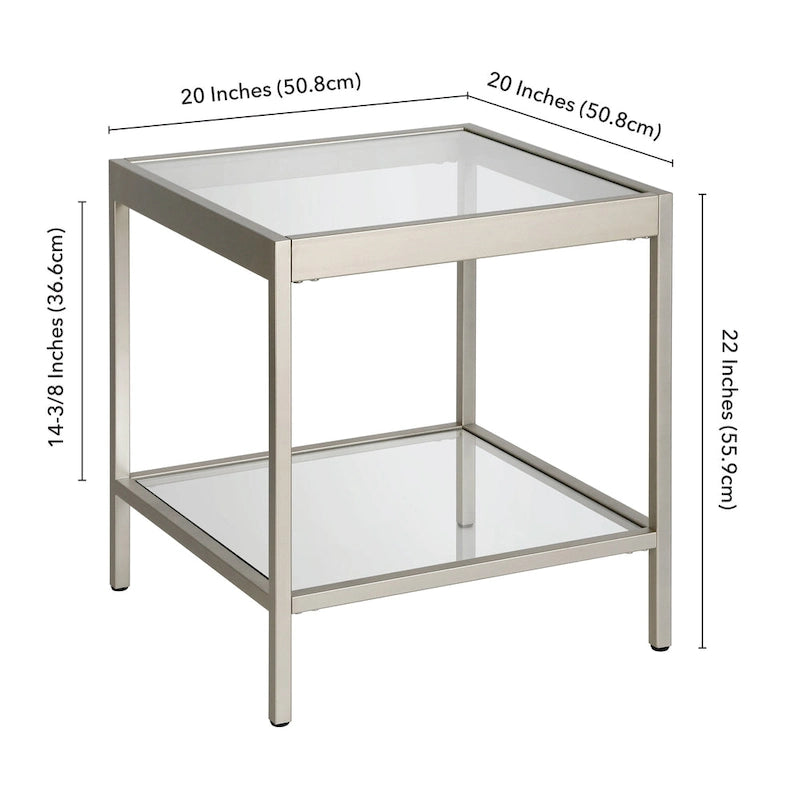 Table d'appoint carrée moderne en verre avec structure métallique et étagère inférieure, en laiton / bronze noirci / nickel