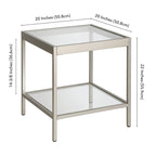 Table d'appoint carrée moderne en verre avec structure métallique et étagère inférieure, en laiton / bronze noirci / nickel