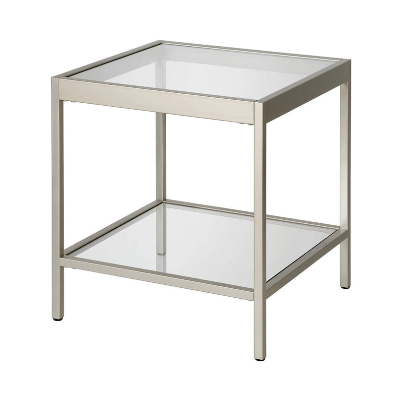 Table d'appoint carrée moderne en verre avec structure métallique et étagère inférieure, en laiton / bronze noirci / nickel
