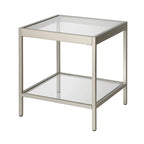 Table d'appoint carrée moderne en verre avec structure métallique et étagère inférieure, en laiton / bronze noirci / nickel