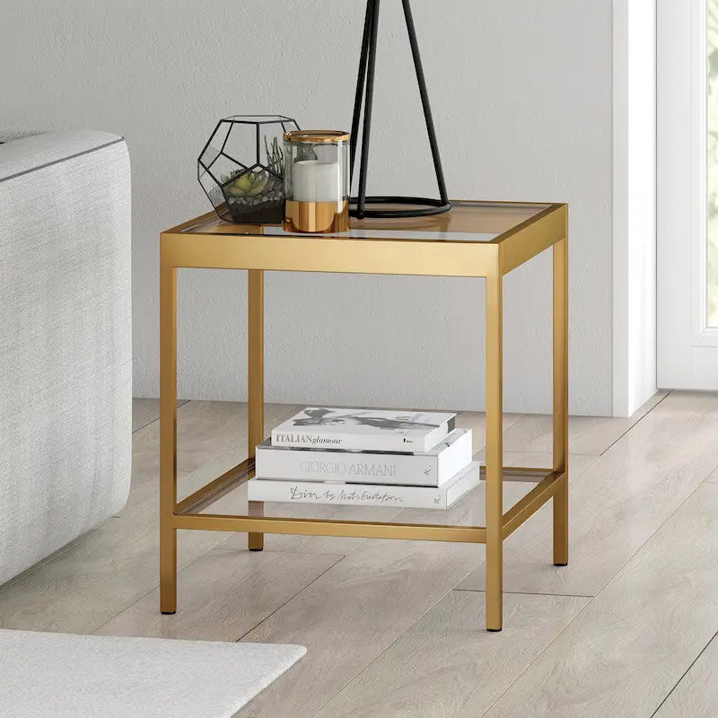 Table d'appoint carrée moderne en verre avec structure métallique et étagère inférieure, en laiton / bronze noirci / nickel