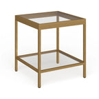 Table d'appoint carrée moderne en verre avec structure métallique et étagère inférieure, en laiton / bronze noirci / nickel