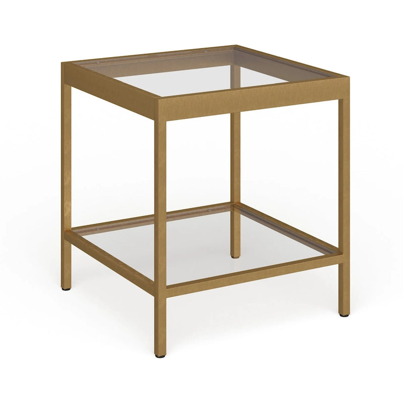 Table d'appoint carrée moderne en verre avec structure métallique et étagère inférieure, en laiton / bronze noirci / nickel