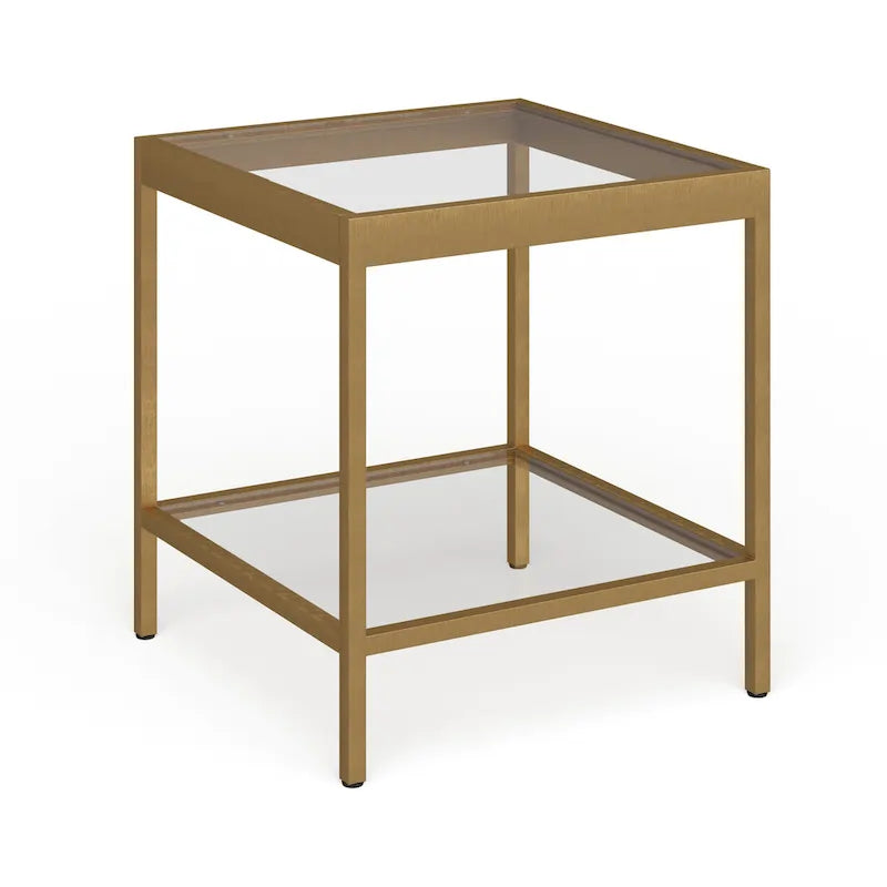 Table d'appoint carrée moderne en verre avec structure métallique et étagère inférieure, en laiton / bronze noirci / nickel