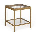 Table d'appoint carrée moderne en verre avec structure métallique et étagère inférieure, en laiton / bronze noirci / nickel