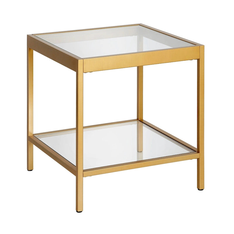 Table d'appoint carrée moderne en verre avec structure métallique et étagère inférieure, en laiton / bronze noirci / nickel