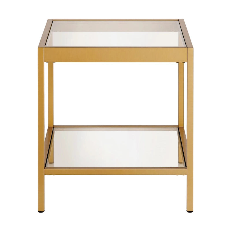 Table d'appoint carrée moderne en verre avec structure métallique et étagère inférieure, en laiton / bronze noirci / nickel