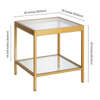 Table d'appoint carrée moderne en verre avec structure métallique et étagère inférieure, en laiton / bronze noirci / nickel