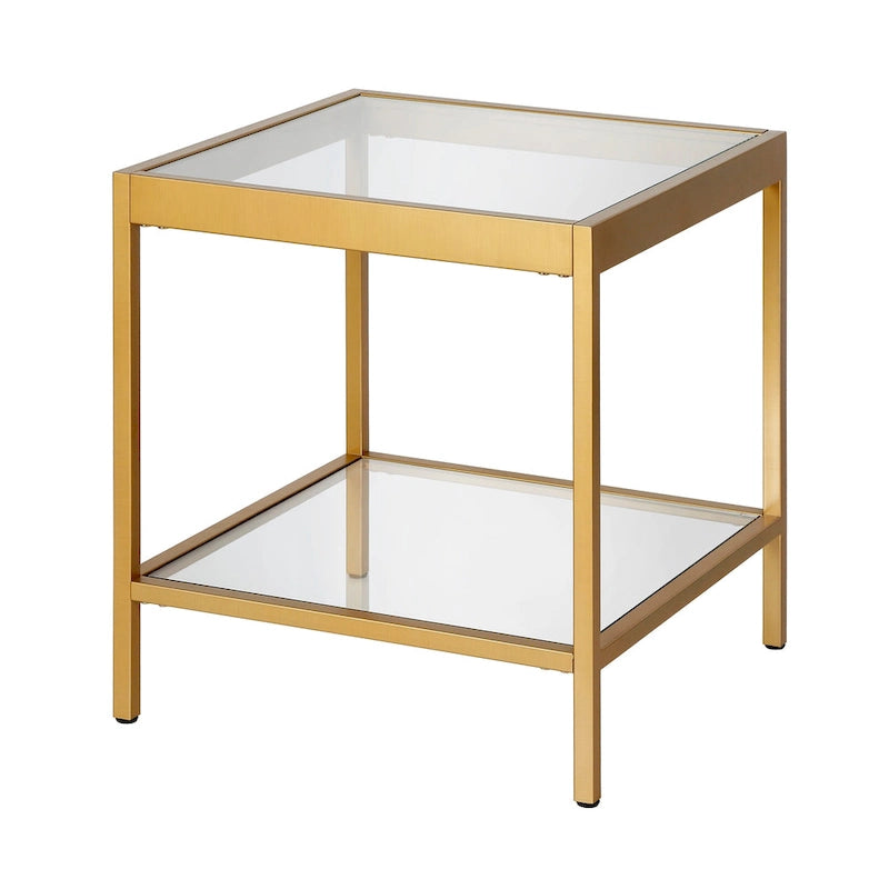 Table d'appoint carrée moderne en verre avec structure métallique et étagère inférieure, en laiton / bronze noirci / nickel