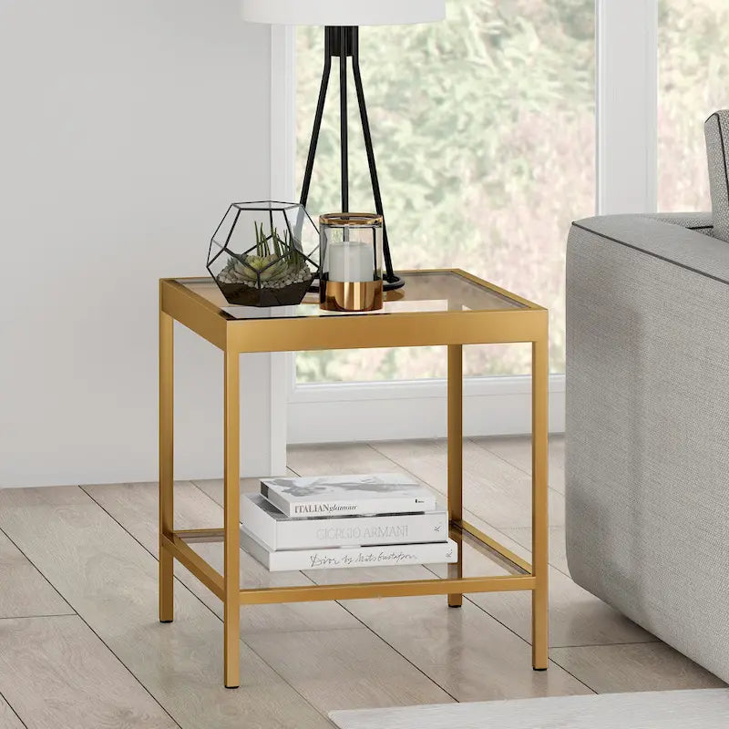 Table d'appoint carrée moderne en verre avec structure métallique et étagère inférieure, en laiton / bronze noirci / nickel