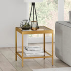 Table d'appoint carrée moderne en verre avec structure métallique et étagère inférieure, en laiton / bronze noirci / nickel