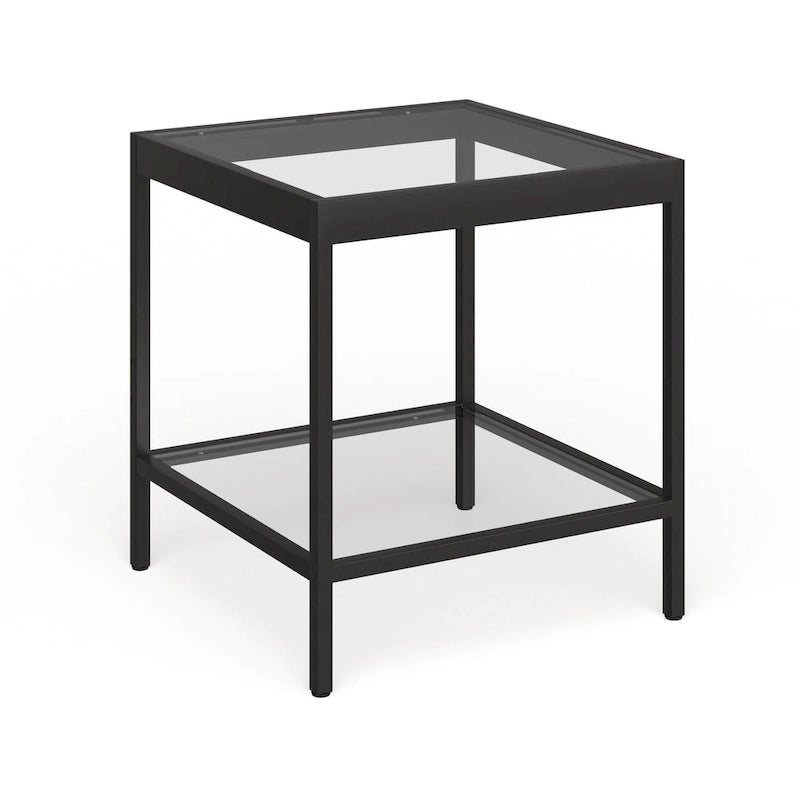 Table d'appoint carrée moderne en verre avec structure métallique et étagère inférieure, en laiton / bronze noirci / nickel