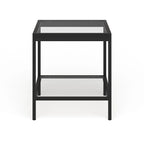 Table d'appoint carrée moderne en verre avec structure métallique et étagère inférieure, en laiton / bronze noirci / nickel