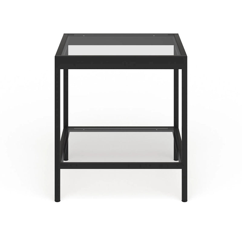 Table d'appoint carrée moderne en verre avec structure métallique et étagère inférieure, en laiton / bronze noirci / nickel