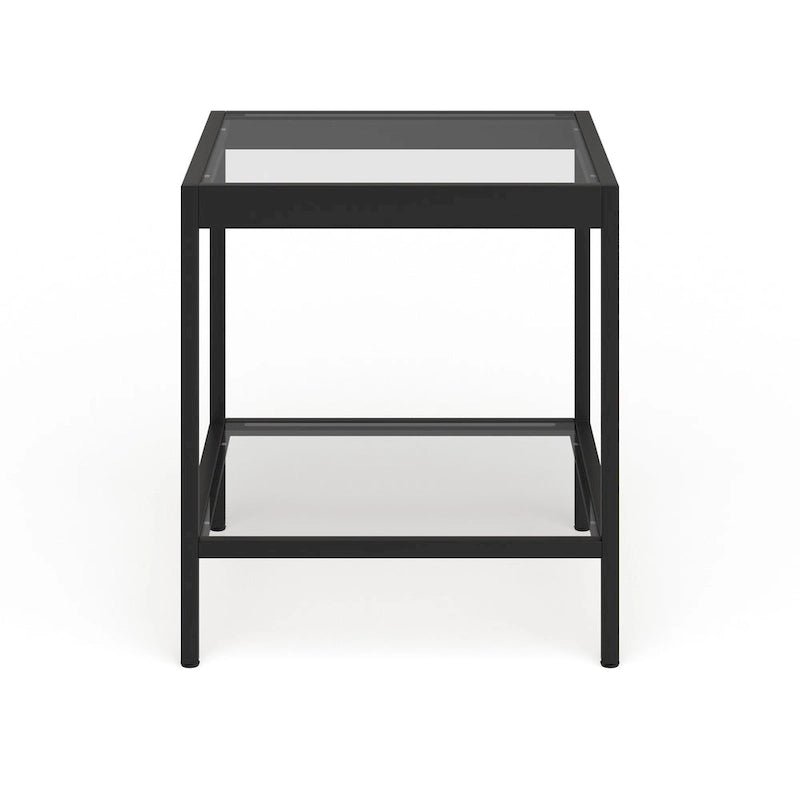 Table d'appoint carrée moderne en verre avec structure métallique et étagère inférieure, en laiton / bronze noirci / nickel