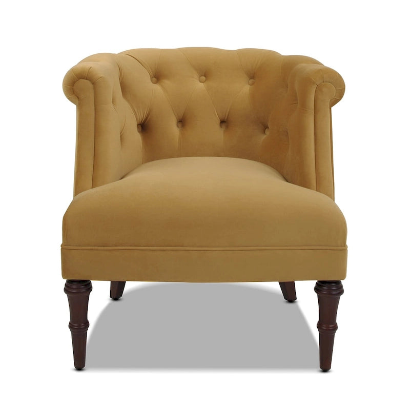 Fauteuil d'appoint capitonné à accoudoirs roulés de style Mid-Century, de couleur violette, or jaune, bleu marine, saumon pêche, beige ou rouge rubis - Usage unique