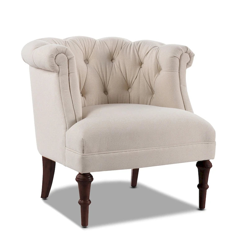 Fauteuil d'appoint capitonné à accoudoirs roulés de style Mid-Century, de couleur violette, or jaune, bleu marine, saumon pêche, beige ou rouge rubis - Usage unique