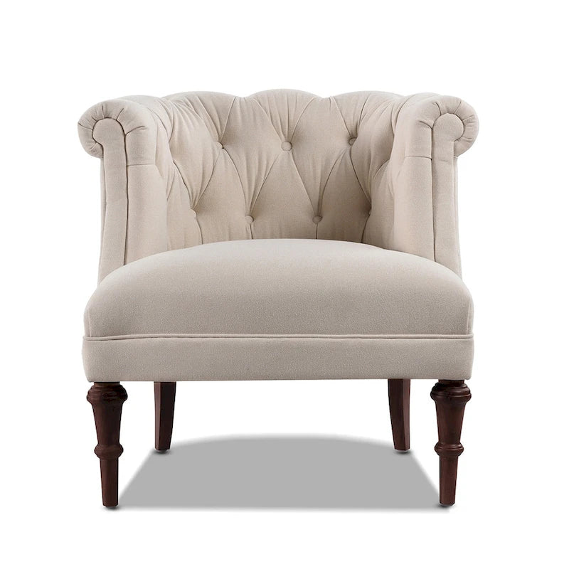 Fauteuil d'appoint capitonné à accoudoirs roulés de style Mid-Century, de couleur violette, or jaune, bleu marine, saumon pêche, beige ou rouge rubis - Usage unique