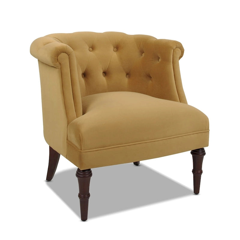 Fauteuil d'appoint capitonné à accoudoirs roulés de style Mid-Century, de couleur violette, or jaune, bleu marine, saumon pêche, beige ou rouge rubis - Usage unique