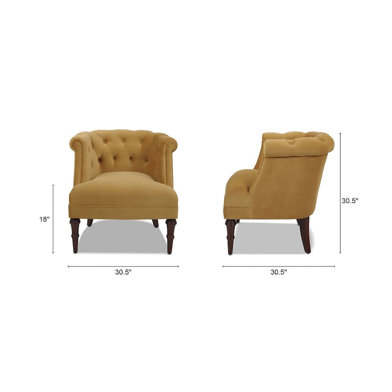 Fauteuil d'appoint capitonné à accoudoirs roulés de style Mid-Century, de couleur violette, or jaune, bleu marine, saumon pêche, beige ou rouge rubis - Usage unique