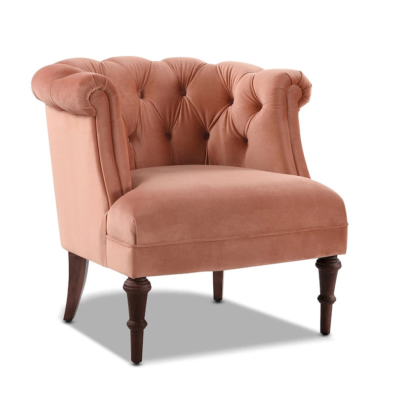 Fauteuil d'appoint capitonné à accoudoirs roulés de style Mid-Century, de couleur violette, or jaune, bleu marine, saumon pêche, beige ou rouge rubis - Usage unique