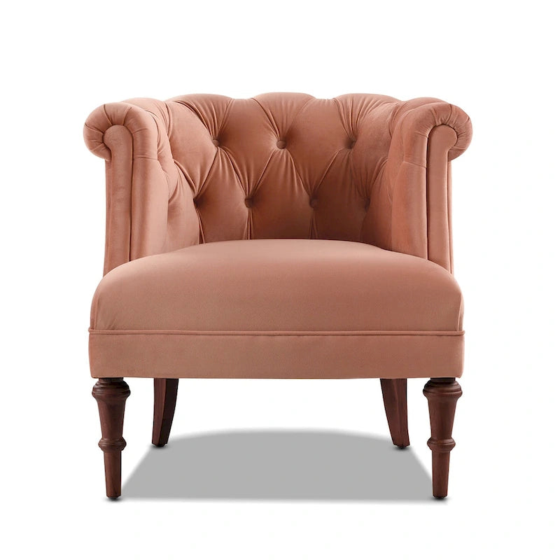 Fauteuil d'appoint capitonné à accoudoirs roulés de style Mid-Century, de couleur violette, or jaune, bleu marine, saumon pêche, beige ou rouge rubis - Usage unique
