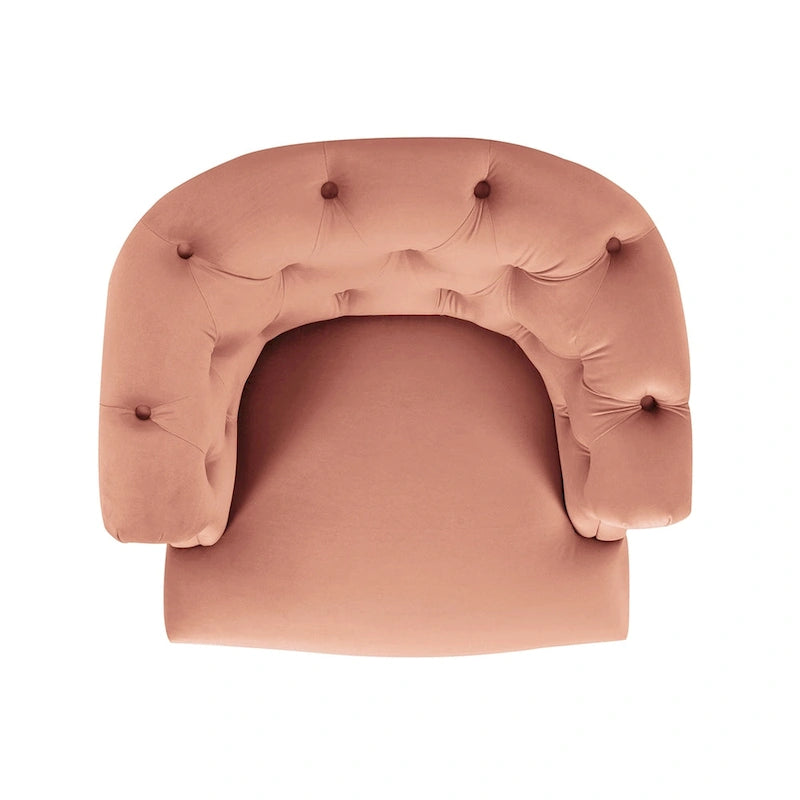 Fauteuil d'appoint capitonné à accoudoirs roulés de style Mid-Century, de couleur violette, or jaune, bleu marine, saumon pêche, beige ou rouge rubis - Usage unique