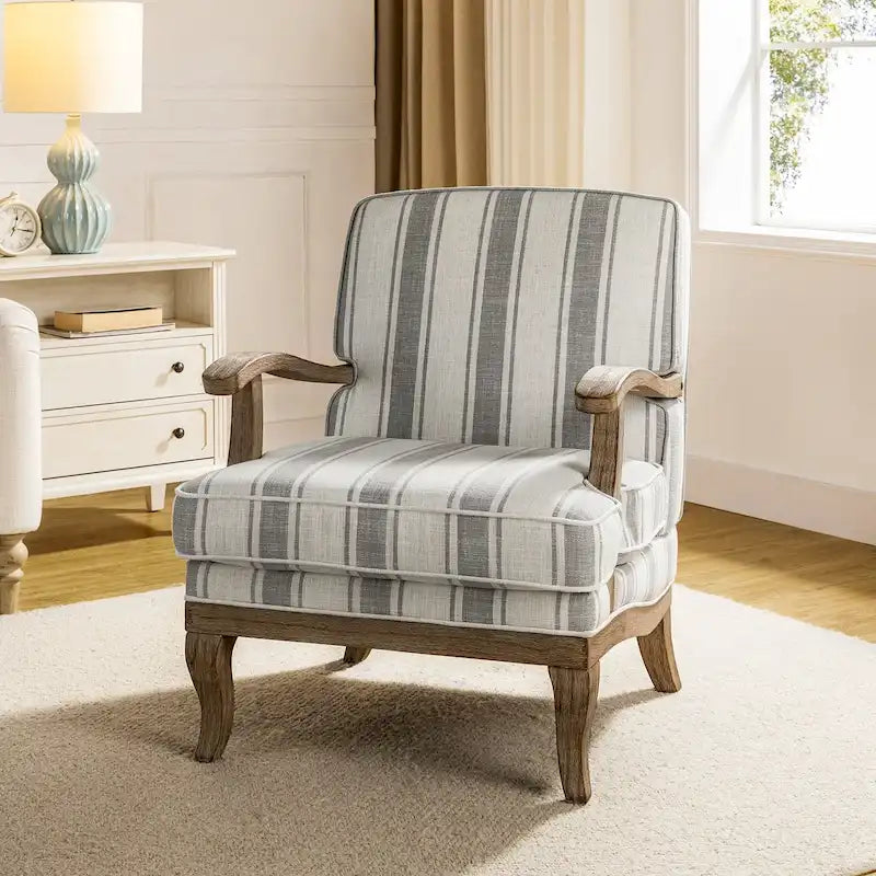 Fauteuil de ferme en polyester gris/rayé/beige/bleu avec accoudoirs et pieds en bois massif - Usage unique