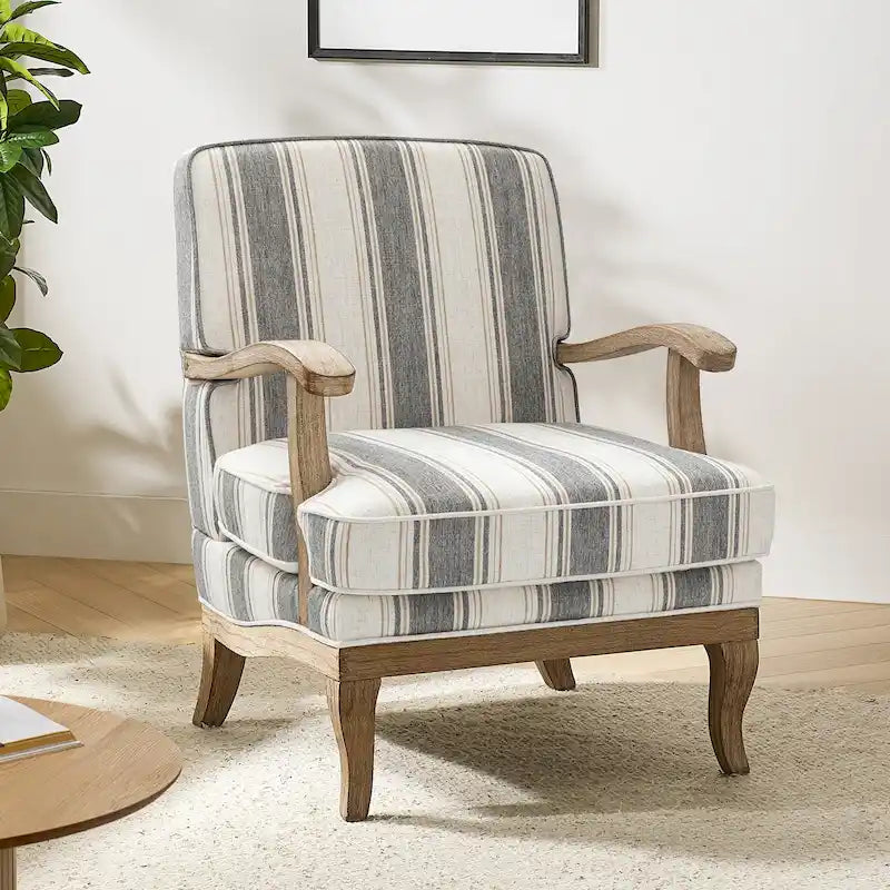 Fauteuil de ferme en polyester gris/rayé/beige/bleu avec accoudoirs et pieds en bois massif - Usage unique
