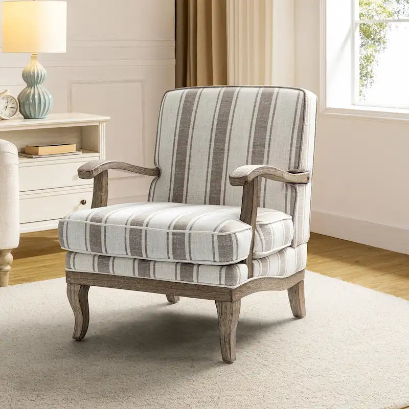 Fauteuil de ferme en polyester gris/rayé/beige/bleu avec accoudoirs et pieds en bois massif - Usage unique