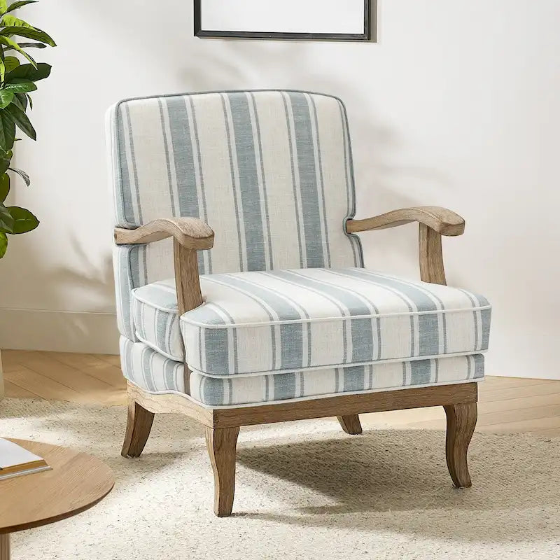 Fauteuil de ferme en polyester gris/rayé/beige/bleu avec accoudoirs et pieds en bois massif - Usage unique