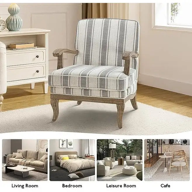 Fauteuil de ferme en polyester gris/rayé/beige/bleu avec accoudoirs et pieds en bois massif - Usage unique