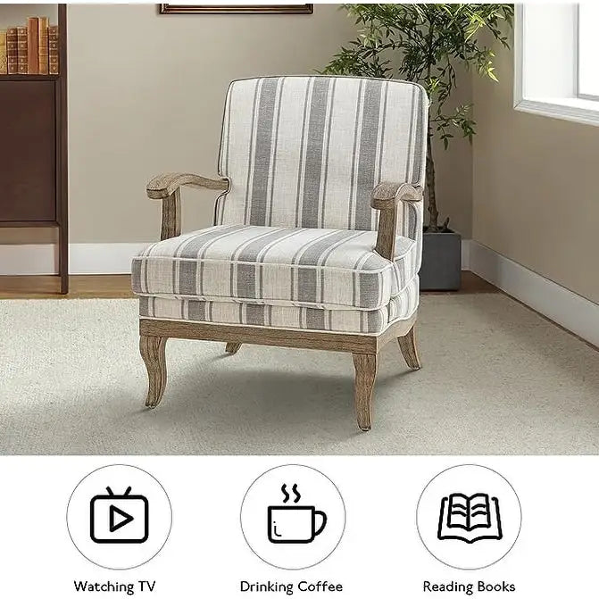 Fauteuil de ferme en polyester gris/rayé/beige/bleu avec accoudoirs et pieds en bois massif - Usage unique