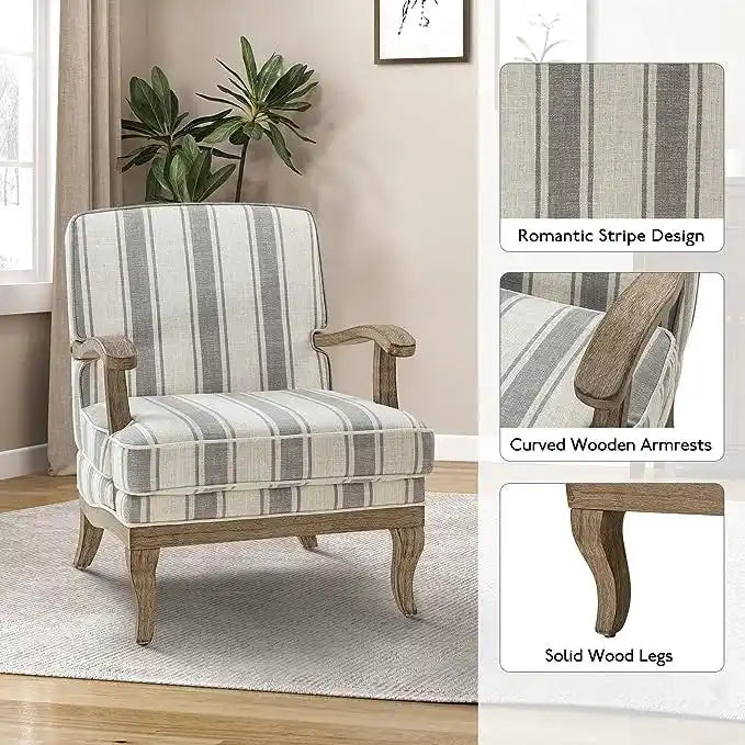 Fauteuil de ferme en polyester gris/rayé/beige/bleu avec accoudoirs et pieds en bois massif - Usage unique
