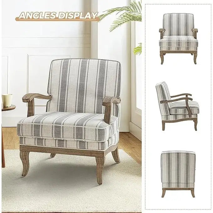 Fauteuil de ferme en polyester gris/rayé/beige/bleu avec accoudoirs et pieds en bois massif - Usage unique