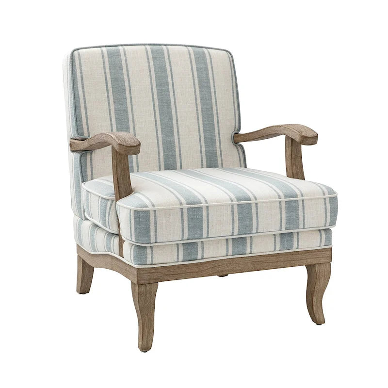 Fauteuil de ferme en polyester gris/rayé/beige/bleu avec accoudoirs et pieds en bois massif - Usage unique