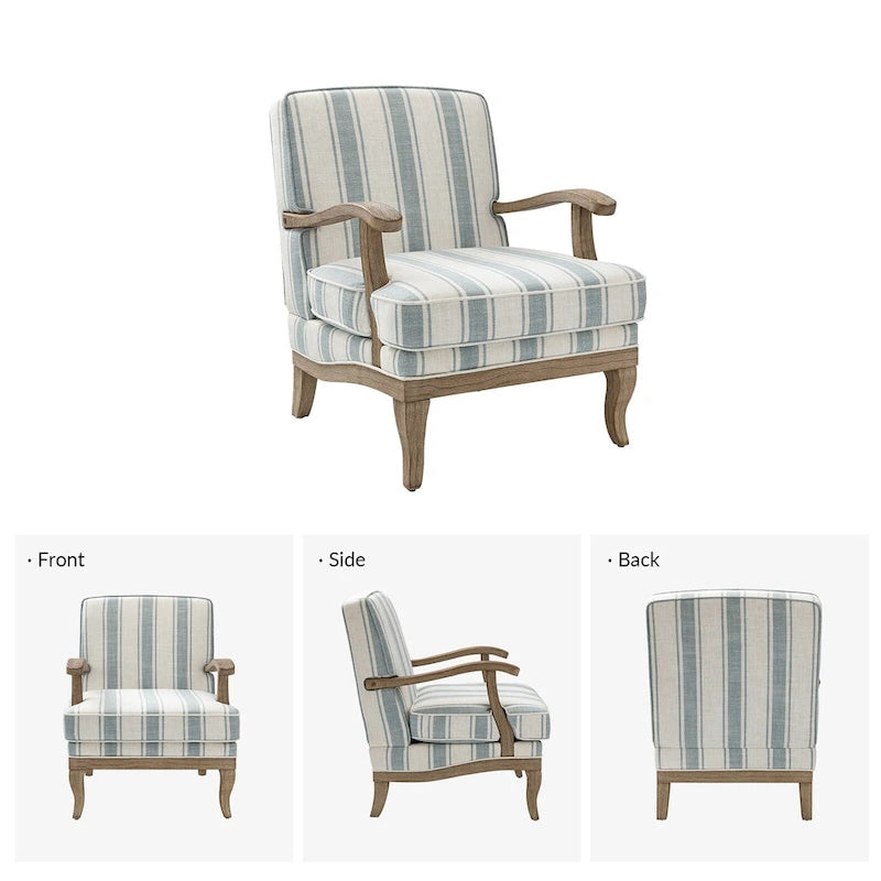 Fauteuil de ferme en polyester gris/rayé/beige/bleu avec accoudoirs et pieds en bois massif - Usage unique