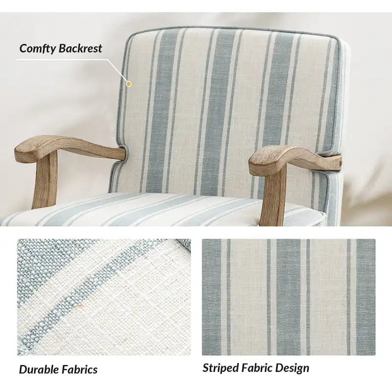 Fauteuil de ferme en polyester gris/rayé/beige/bleu avec accoudoirs et pieds en bois massif - Usage unique