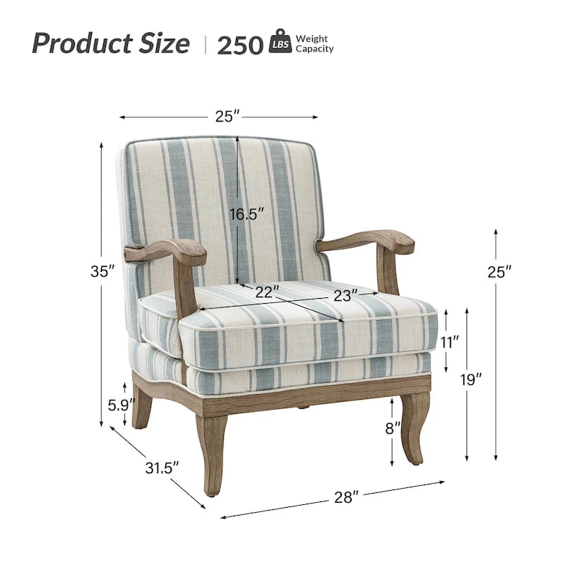 Fauteuil de ferme en polyester gris/rayé/beige/bleu avec accoudoirs et pieds en bois massif - Usage unique