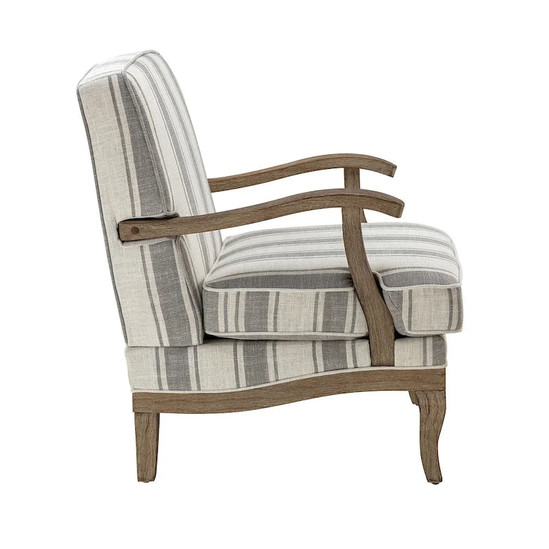 Fauteuil de ferme en polyester gris/rayé/beige/bleu avec accoudoirs et pieds en bois massif - Usage unique