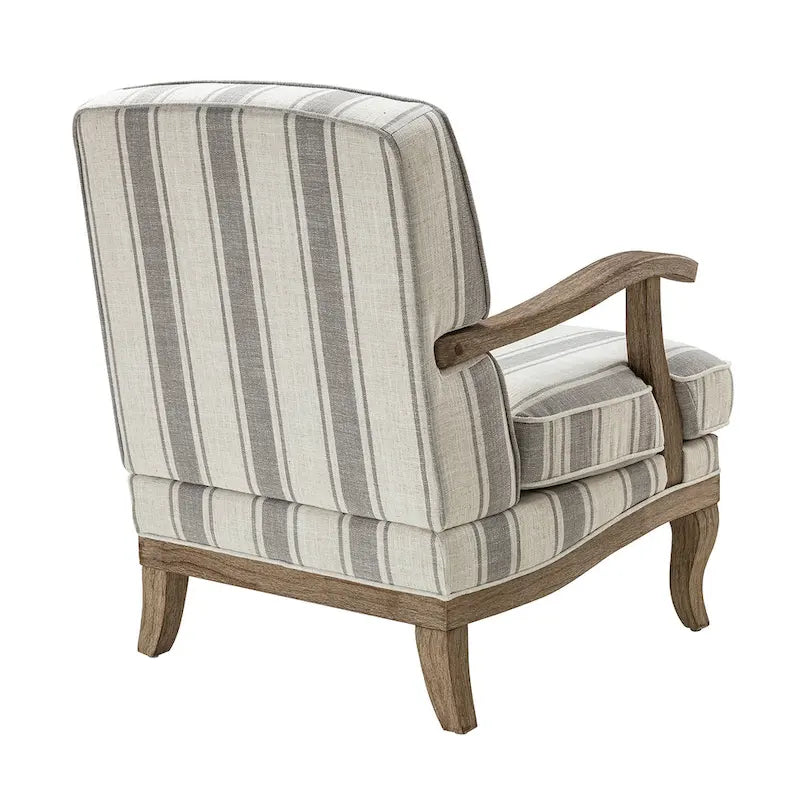Fauteuil de ferme en polyester gris/rayé/beige/bleu avec accoudoirs et pieds en bois massif - Usage unique