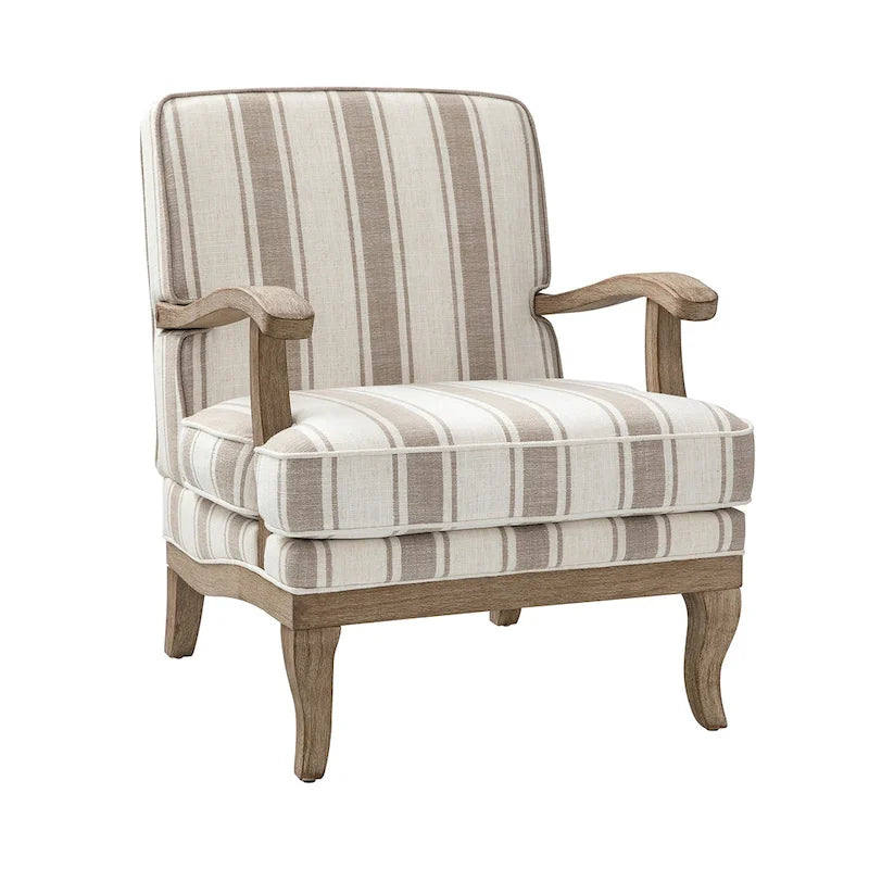 Fauteuil de ferme en polyester gris/rayé/beige/bleu avec accoudoirs et pieds en bois massif - Usage unique