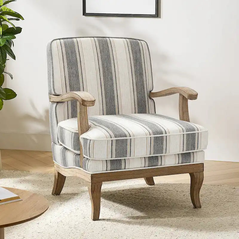 Fauteuil de ferme en polyester gris/rayé/beige/bleu avec accoudoirs et pieds en bois massif - Usage unique