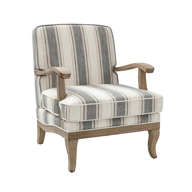 Fauteuil de ferme en polyester gris/rayé/beige/bleu avec accoudoirs et pieds en bois massif - Usage unique