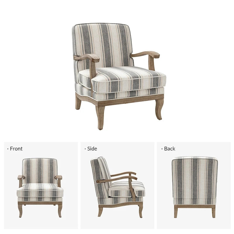 Fauteuil de ferme en polyester gris/rayé/beige/bleu avec accoudoirs et pieds en bois massif - Usage unique
