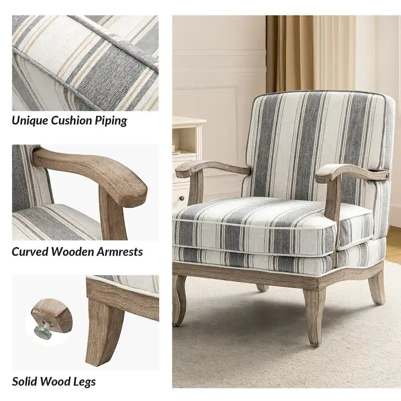 Fauteuil de ferme en polyester gris/rayé/beige/bleu avec accoudoirs et pieds en bois massif - Usage unique