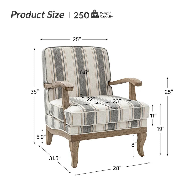 Fauteuil de ferme en polyester gris/rayé/beige/bleu avec accoudoirs et pieds en bois massif - Usage unique